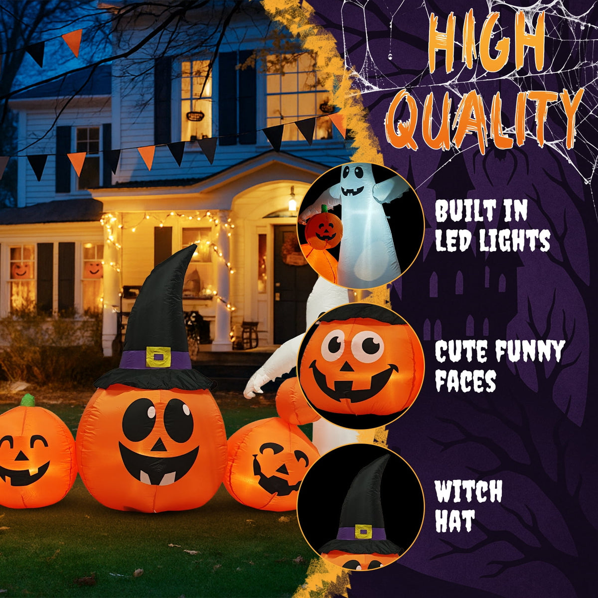 Zimtown 8 FT Halloween Inflatables Pumpkin, Halloween Decoration 5 Blow up Pumpkins,Ghost w/ Build-in LEDs for Halloween Party