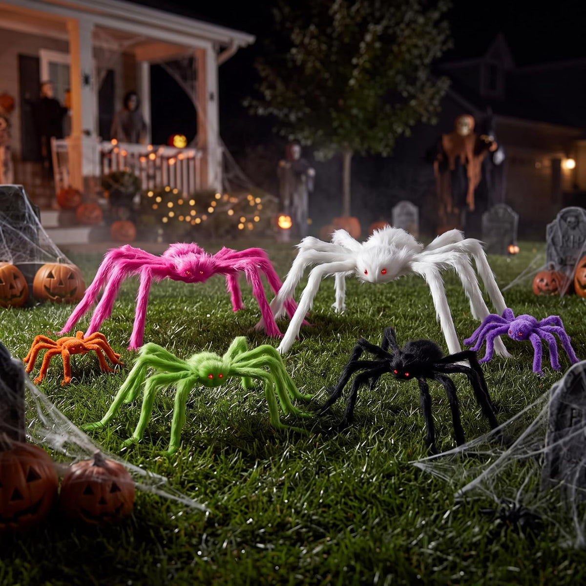 Joyfy 6 Packs Colorful Hairy Giant Spiders Halloween Decorations Outdoor,Multi-Size Outdoor Halloween Spider Decorations for Yard Lawn & Patio (30", 30", 20", 20", 12", 12")