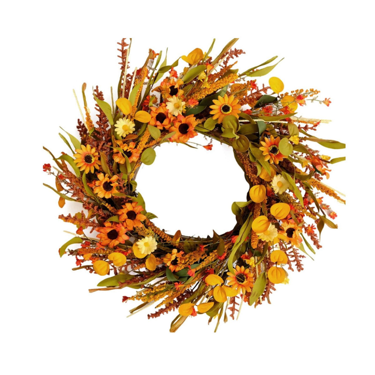 Winter Poetry Upgrade Fall Sunflower Dried Grass Wreath, Harvest Front Door Hanging Garland, Rattan Base Artificial Wreath for Halloween Thanksgiving Window Wall Decor, 17.71x17.71x3.54in