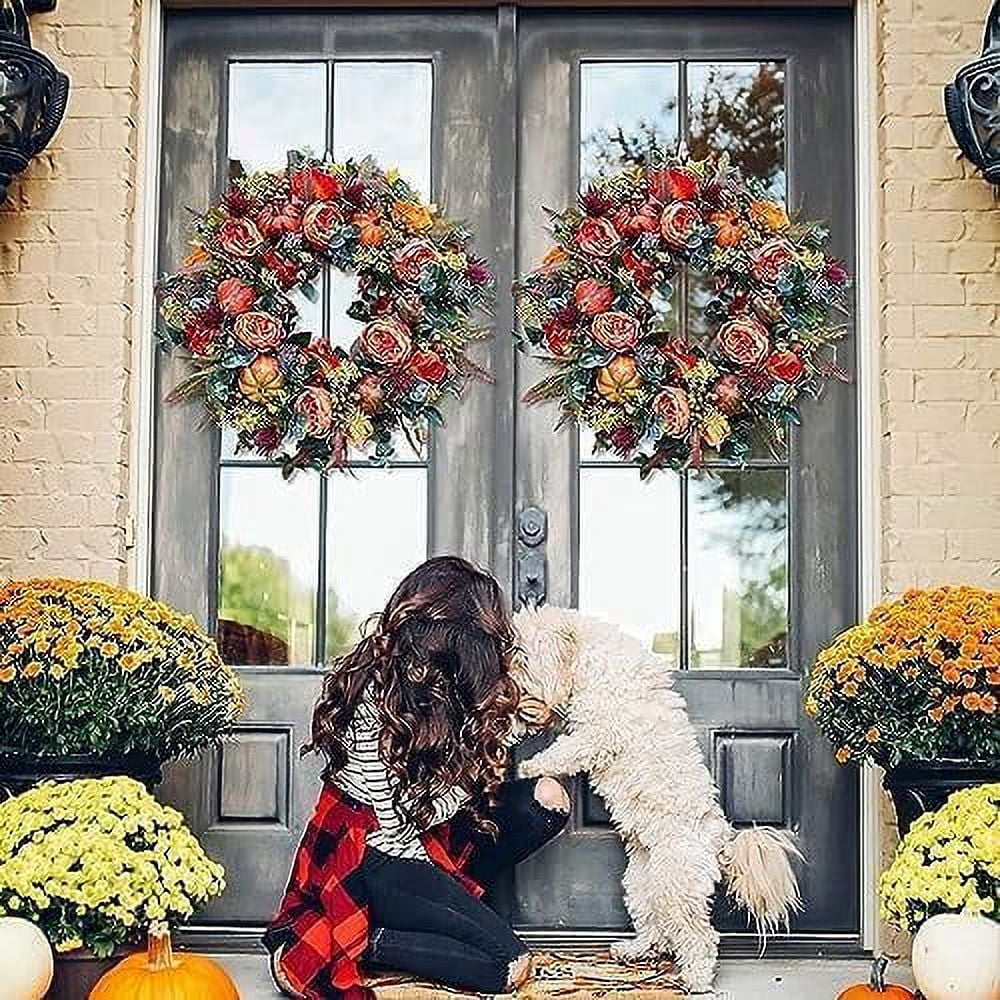 Artificial Fall Wreaths for Front Door Rustic Autumn Wreath with Pumpkin,Rose,Berry Branchesm,Mixed Leaves Thanksgiving Wreath Fall Door Wreath for Halloween Thanksgiving Indoor Outdoor Decor (B17.7)