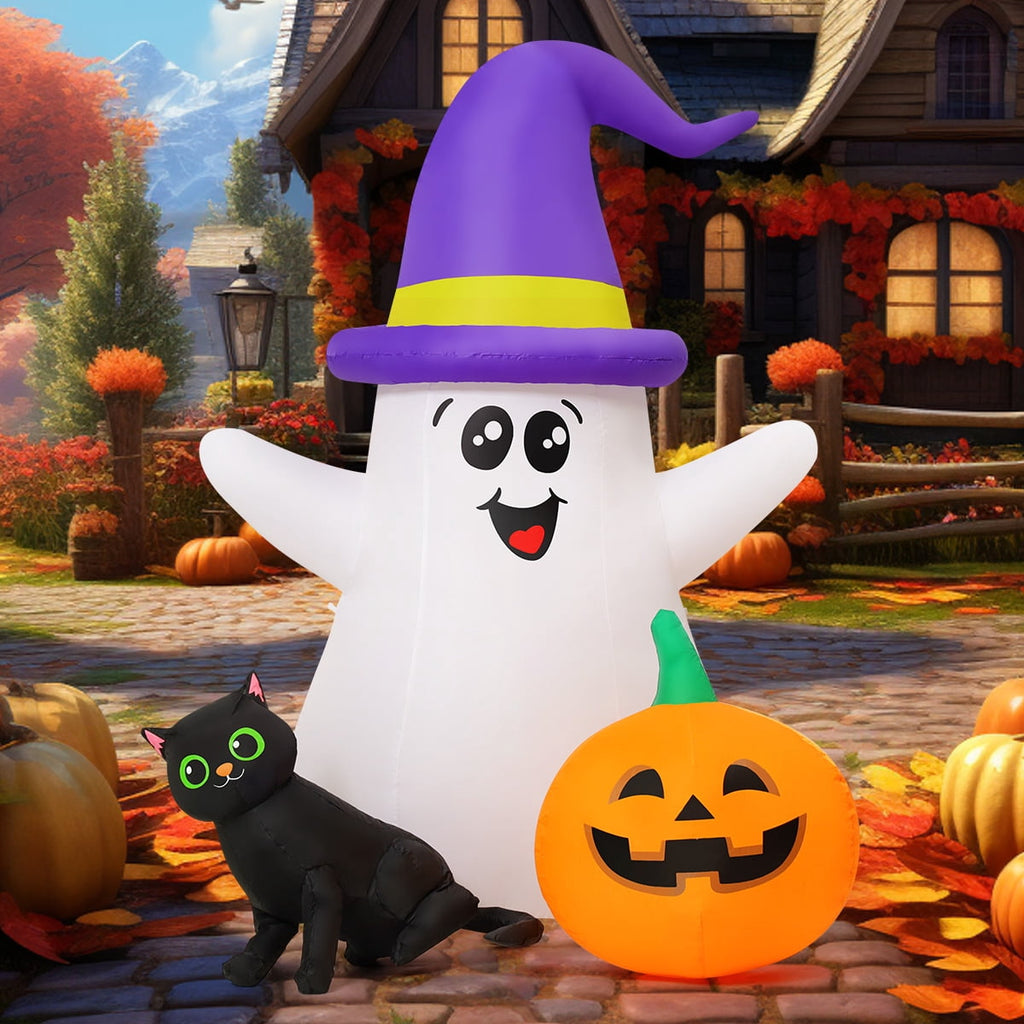 GOOSH Halloween Inflatables 5 FT Inflatable Ghost with Built-in LEDs, Ghost Blow up Halloween Ghost Inflatables with Black Cat Pumpkin, Outdoor Halloween Decorations for Holiday Party Indoor Outdoor