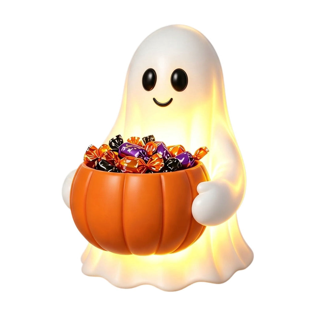 Lighted Halloween Ghost Candy Bowl, Cute LED Ghost Holding Pumpkin Candy Bucket for Trick or Treat, Outdoor Halloween Decorations for Front Porch, Indoor Yard Patio Halloween Decor