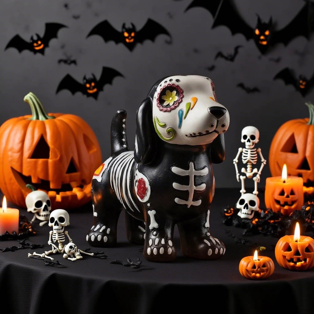 Ayieyill 2pcs Halloween Cat and Skeleton Figurines Vintage Halloween Black Cat Decor Halloween Table Decorations