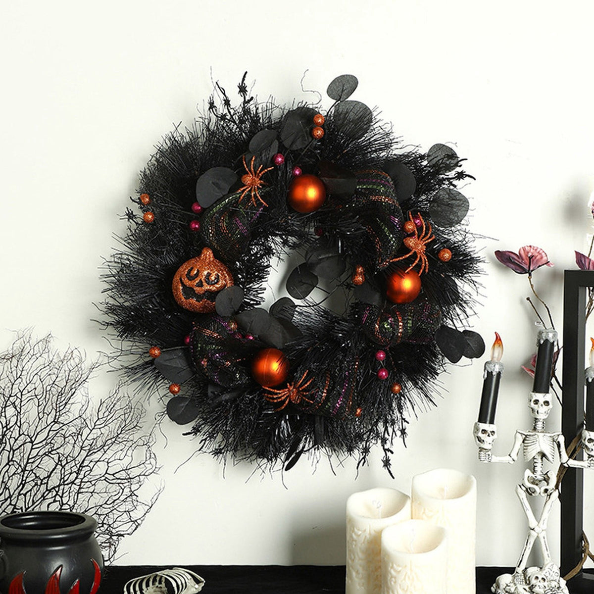 Halloween Wreath with Lights for Front Door, Collapsible Pre-Lit Wreath with Pumpkin Halloween Decorations for Home Wall Decor