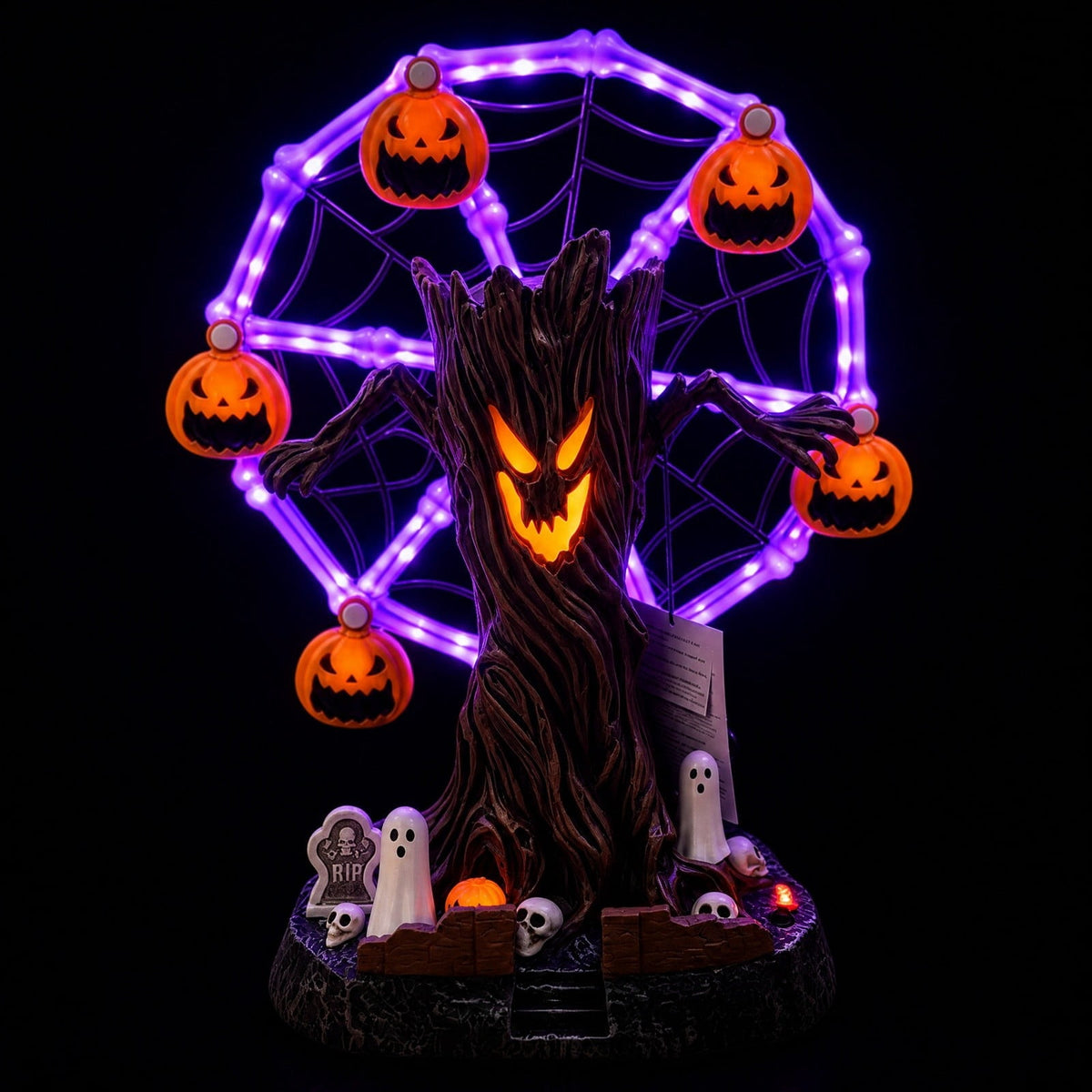 Hanging Solar Lights, Garden, Animated Halloween Ferris Wheel Tabletop Decor with Purple LED, Moving Skeleton Cauldrons, Spooky Tree Centerpiece for Party