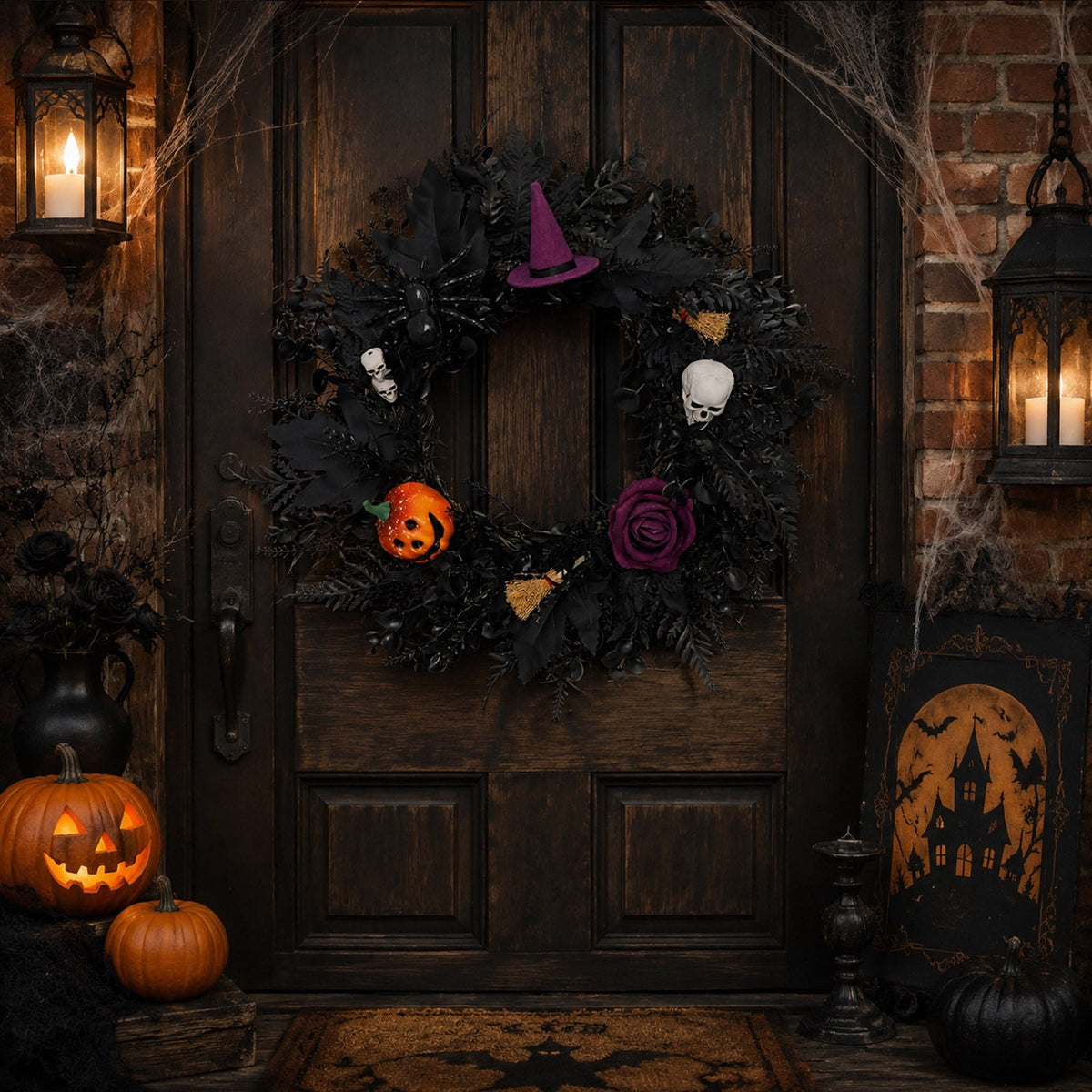 Boovnll Halloween Wreath, 18" Horror & Novelty Handmade Black Twig Glitter Bats Halloween Wreaths for Front Door Fireplace Wall Porch Party Decor, Halloween Decorations