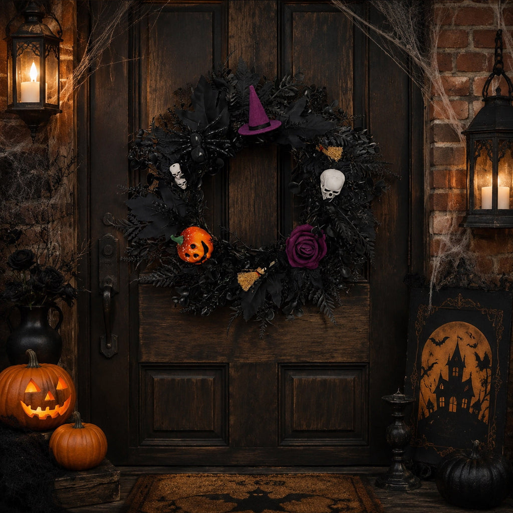 Gcvizuso Halloween Crescent Floral Wreath, Orange Red Rose Hydrangea Fall Front Door Decor for Autumn Harvest Celebration
