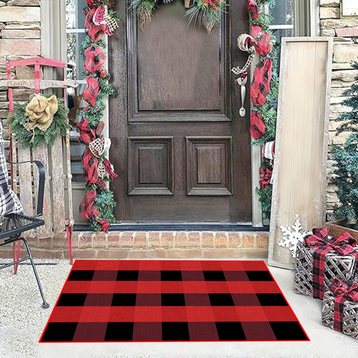 Halloween Fall Outdoor Rug Plaid Rug Foldable Floor Mat for Thanksgiving Front Door Front Porch Farmhouse Entryway Patio Decoration