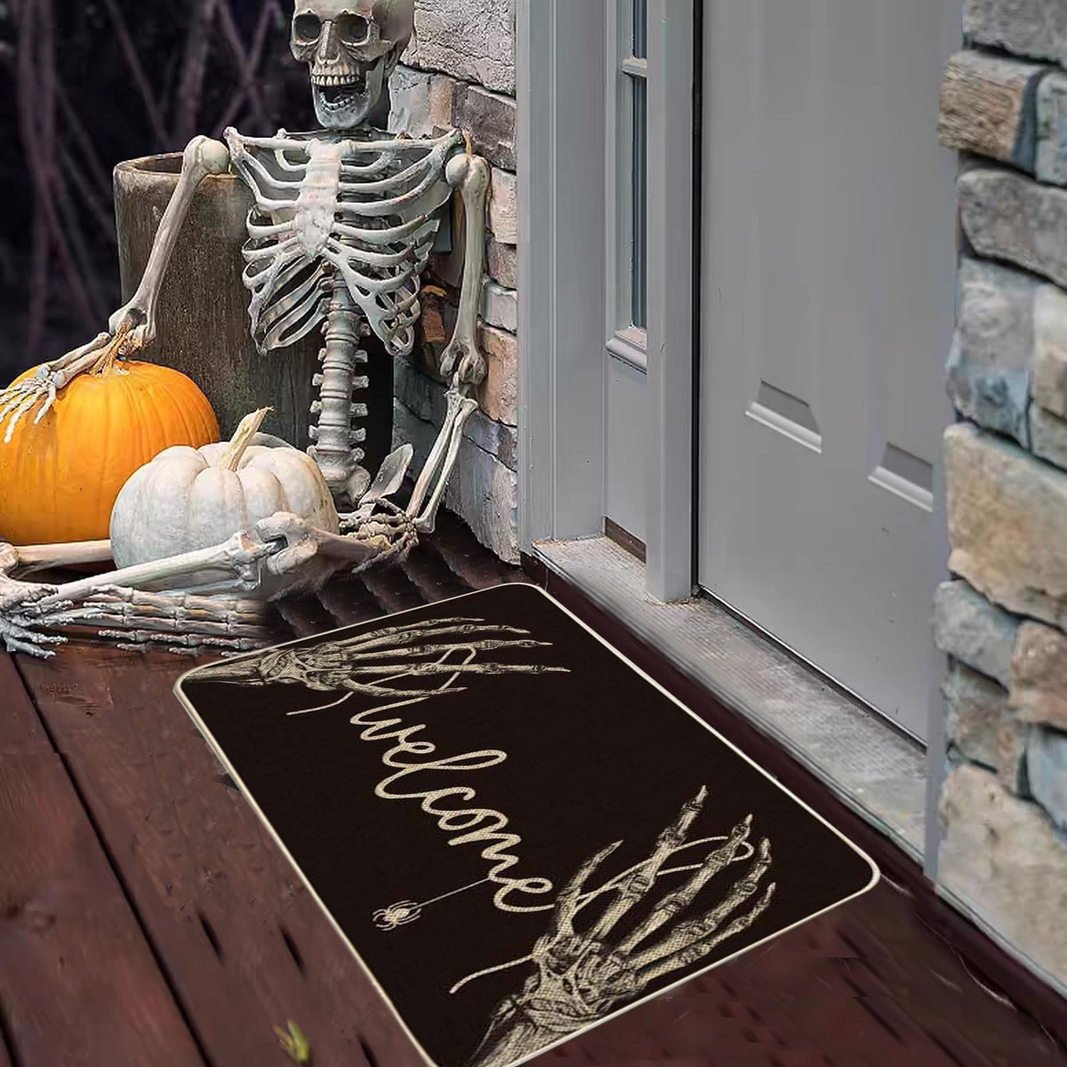 Orange Plaid Fall Outdoor Mat, Hand-Woven Porch Rug for Thanksgiving Halloween Door Decor