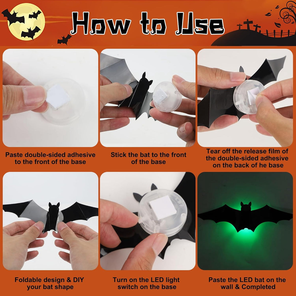 CQHVKQ 36 PCS Halloween Bats Decorations, Realistic 3D LED Bats Wall Stickers Decor, Assorted Size Removable Lighted PVC Bats DIY Wall Sticker for Halloween Party, Bedroom, Home, Indoor and Outdoor