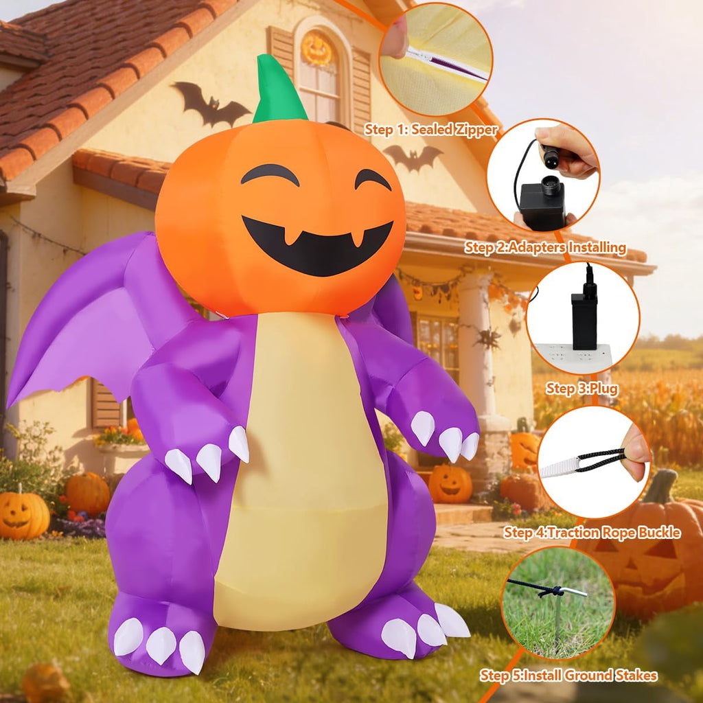 COMIN 5.9FT Tall Halloween Inflatables Pumpkin-Headed Purple Dinosaur with Built-in LEDs for Indoor Party Garden Lawn Decor