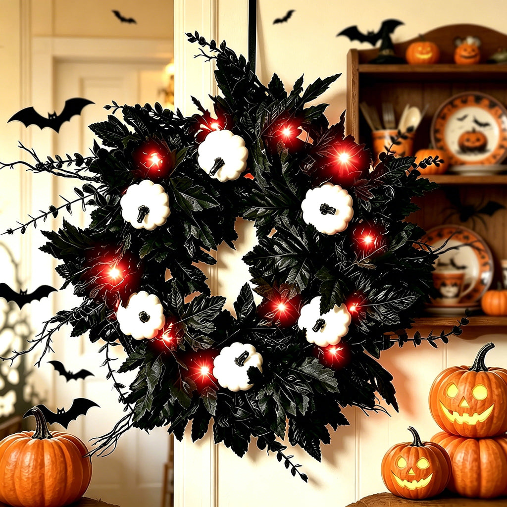 Halloween Wreaths Decoration for Front Door,Black Maple Pumpkin Wreath Decor with Lights,Fall Artificial Flower Wreath for Halloween Thanksgiving Wall,Window,Indoor Outdoor Halloween Home Decoration