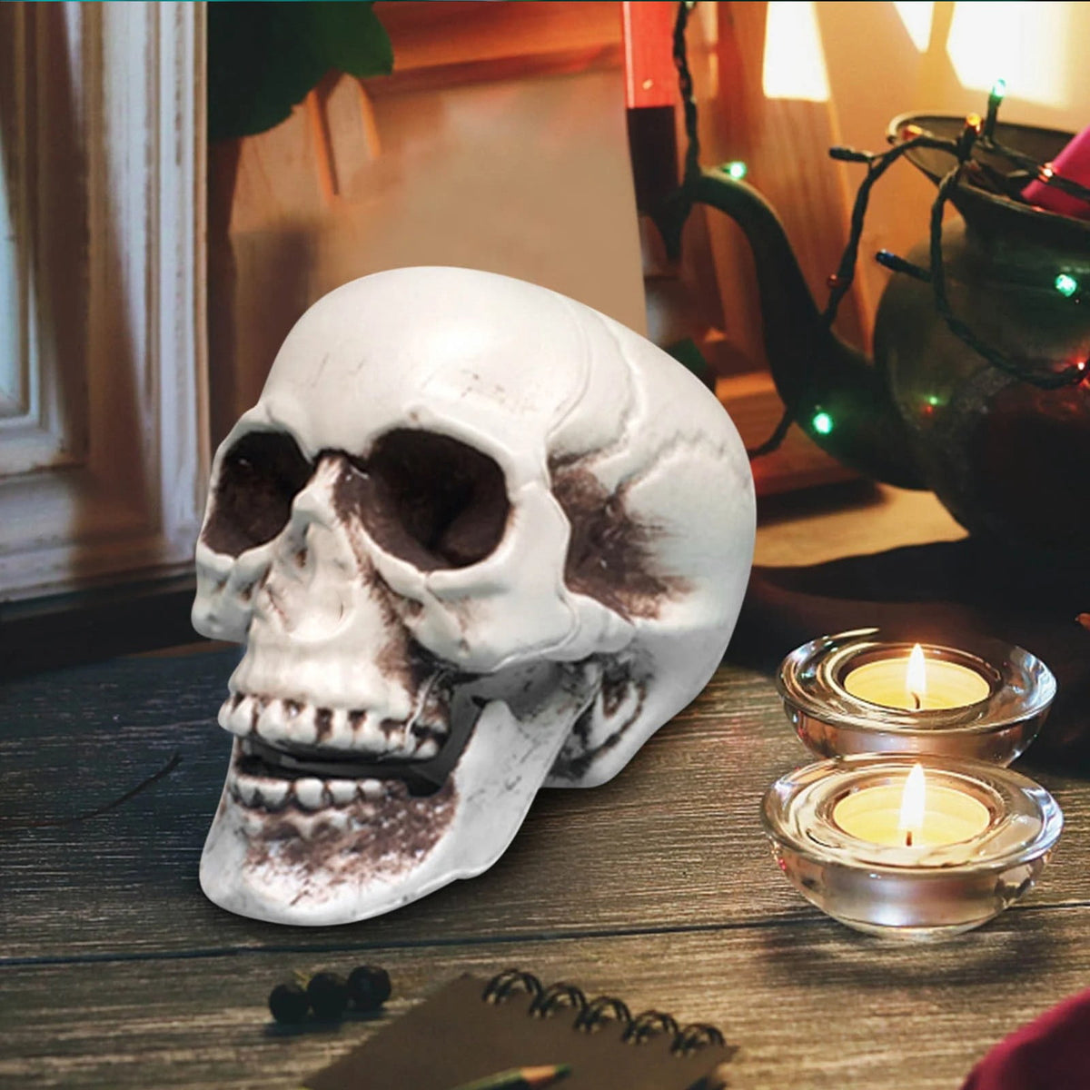 Realistic Human Skull Model Halloween Prop, Life Size Resin Skeleton Head Decoration for Party, Classroom, Medical Display, and Home Decor