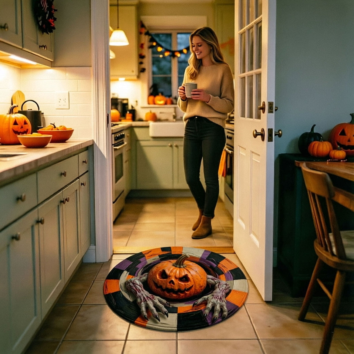 Win s Way 3D Illusion Round Halloween Rug Optical Illusion Doormat Non- Washable Entryway Decor Spooky Fall Front Door Mat for Party Decoration Available in 15.8/23.6/31.5 Inch