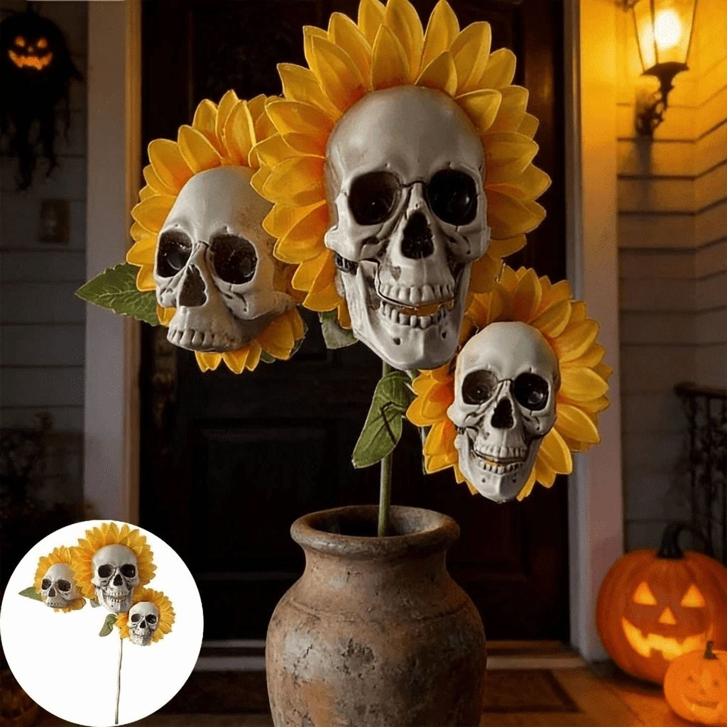 Halloween Artificial Rose Flower with Skull Head, Fake Silk Rose Bouquet, Red or Black Roses with Mini Skull