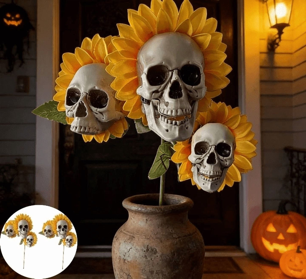 Halloween Artificial Rose Flower with Skull Head, Fake Silk Rose Bouquet, Red or Black Roses with Mini Skull
