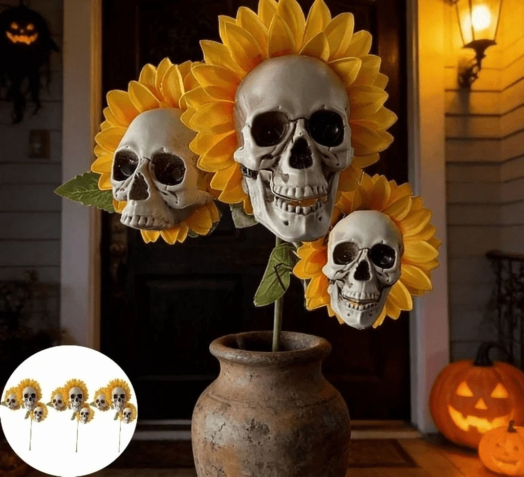 Halloween Artificial Rose Flower with Skull Head, Fake Silk Rose Bouquet, Red or Black Roses with Mini Skull