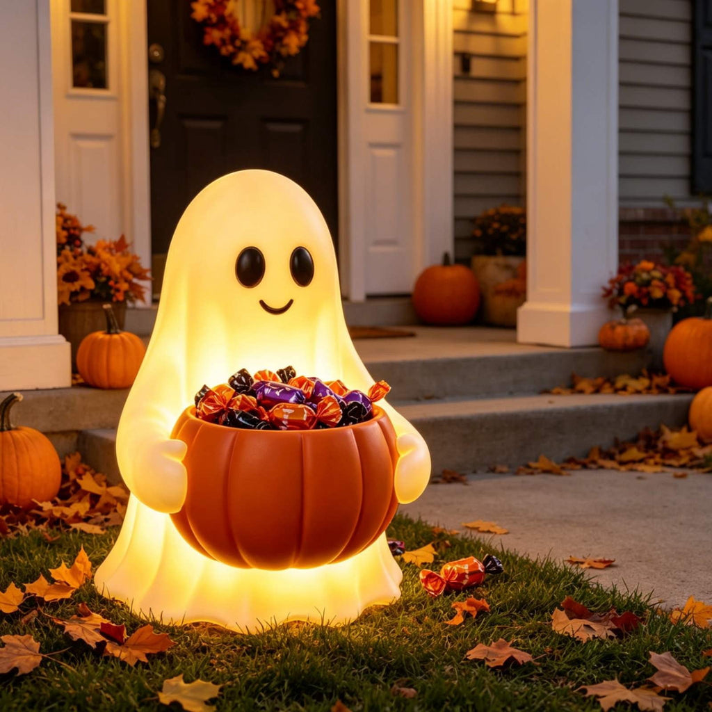 Halloween Decoration Ghost Figurine 11in Resin Ghost Statues with Pumpkin Candy Bowl for Outdoor Indoor Front Door, Porch Yard Lawn Party Decor