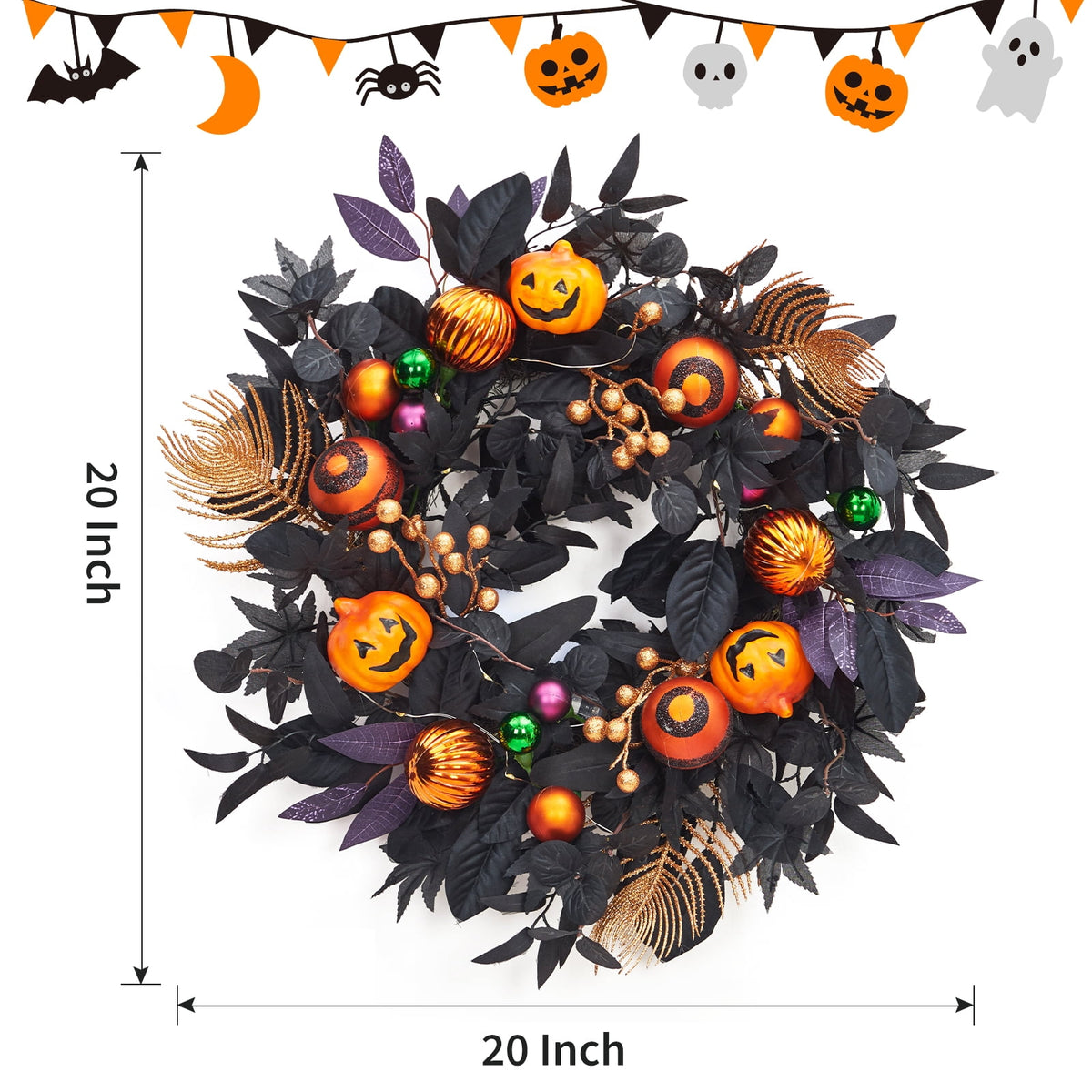 Garvee Halloween Wreath for Front Door, 18 Inch/20 Inch Fall Wreath for Indoor Outdoor Wall Window Porch Patio Garden Farmhouse Home Party Prom Decoration
