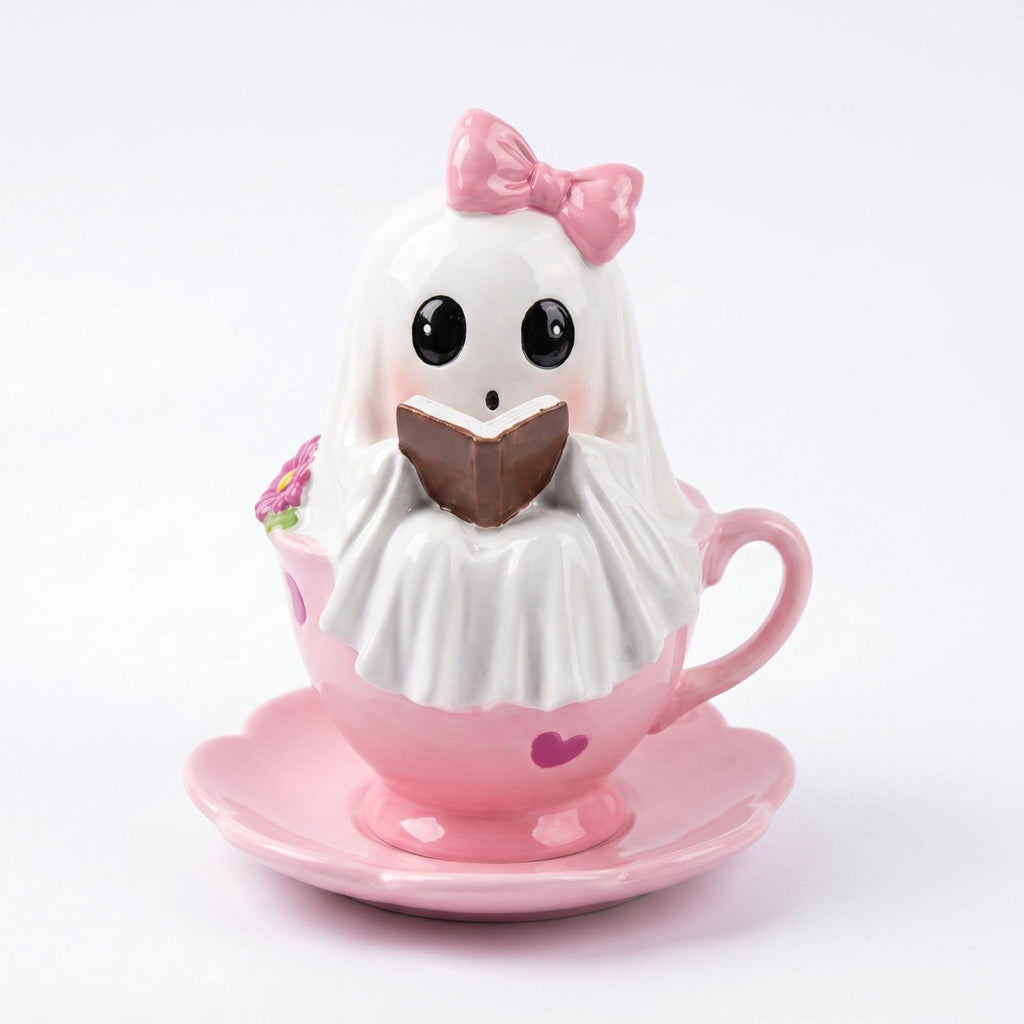 Halloween Ghost Figurine, Ghost Girl with Pink Bow & Hot Drink, Funny Ghost Statue Halloween Decor for Gift, Cute Spooky Tabletop Ornament for Home, Mantle, Desk & Party Decoration