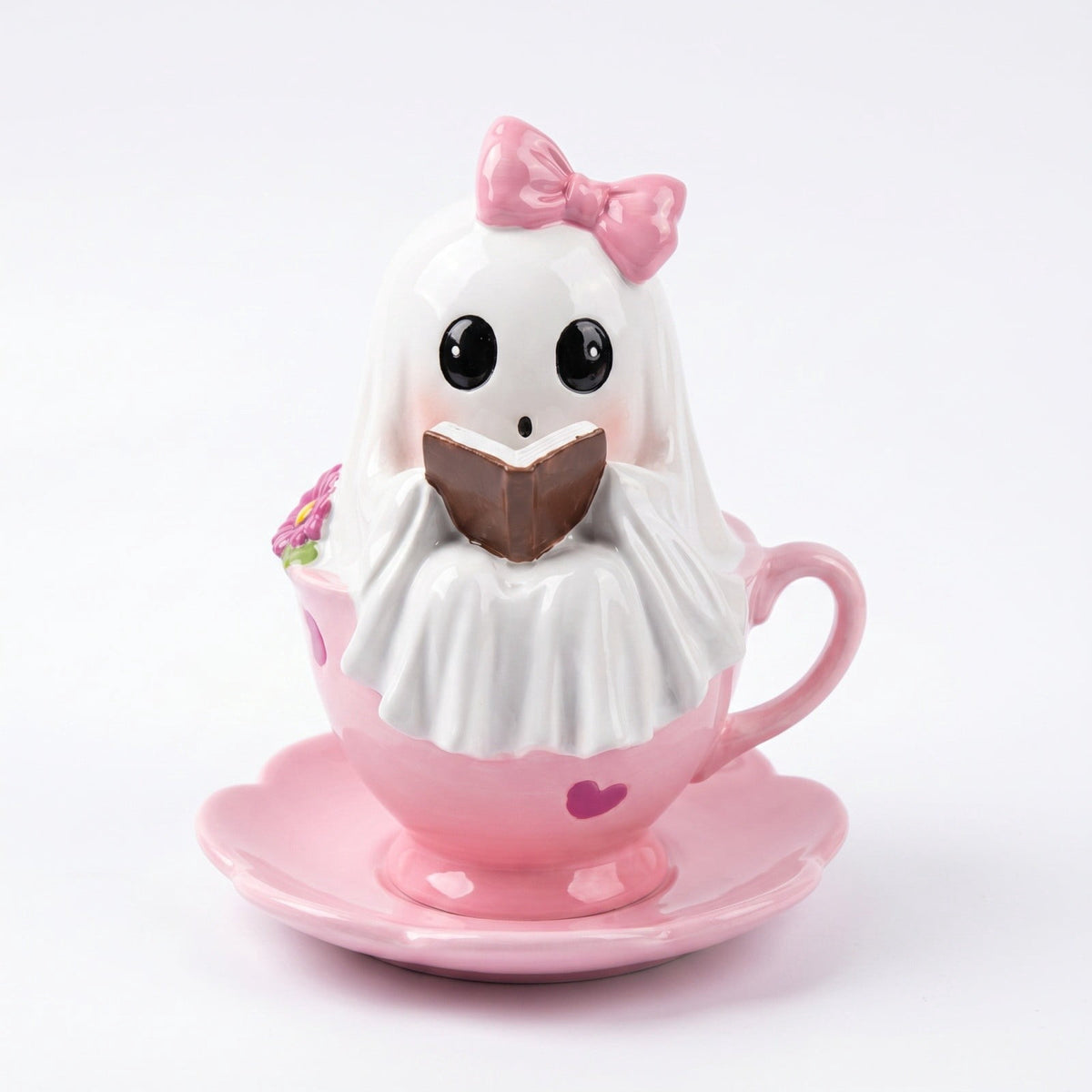Halloween Ghost Figurine, Ghost Girl with Pink Bow & Hot Drink, Funny Ghost Statue Halloween Decor for Gift, Cute Spooky Tabletop Ornament for Home, Mantle, Desk & Party Decoration