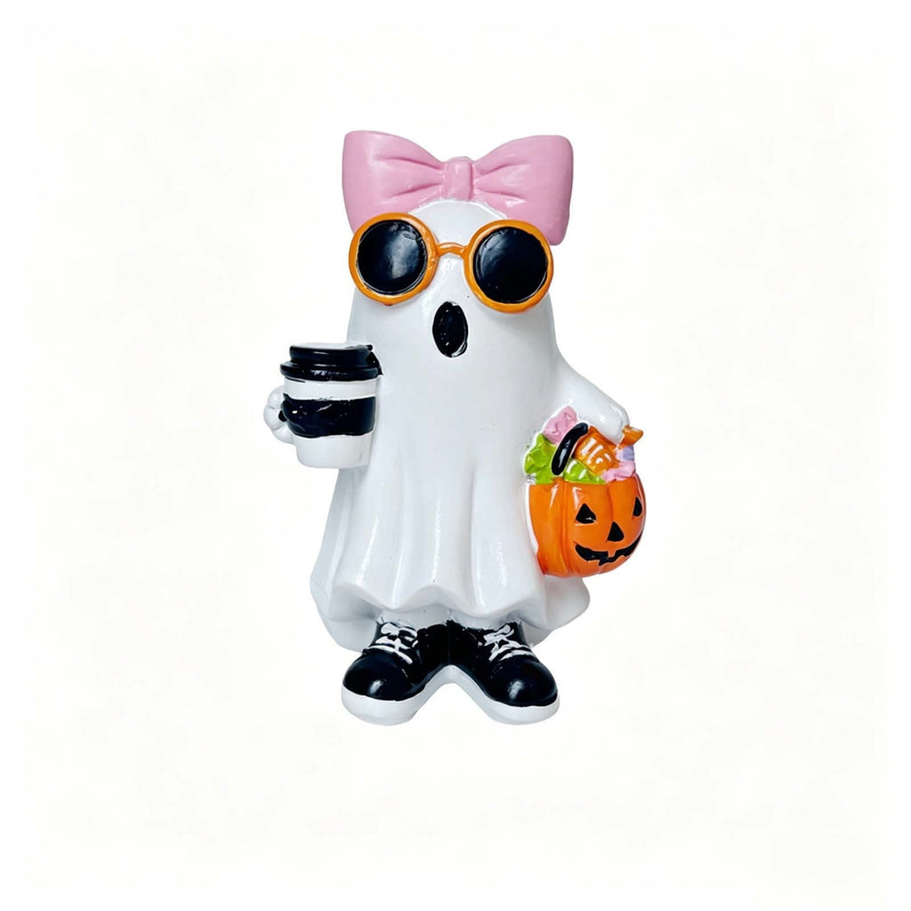 Halloween Ghost Figurine, Ghost Girl with Pink Bow & Hot Drink, Funny Ghost Statue Halloween Decor for Gift, Cute Spooky Tabletop Ornament for Home, Mantle, Desk & Party Decoration