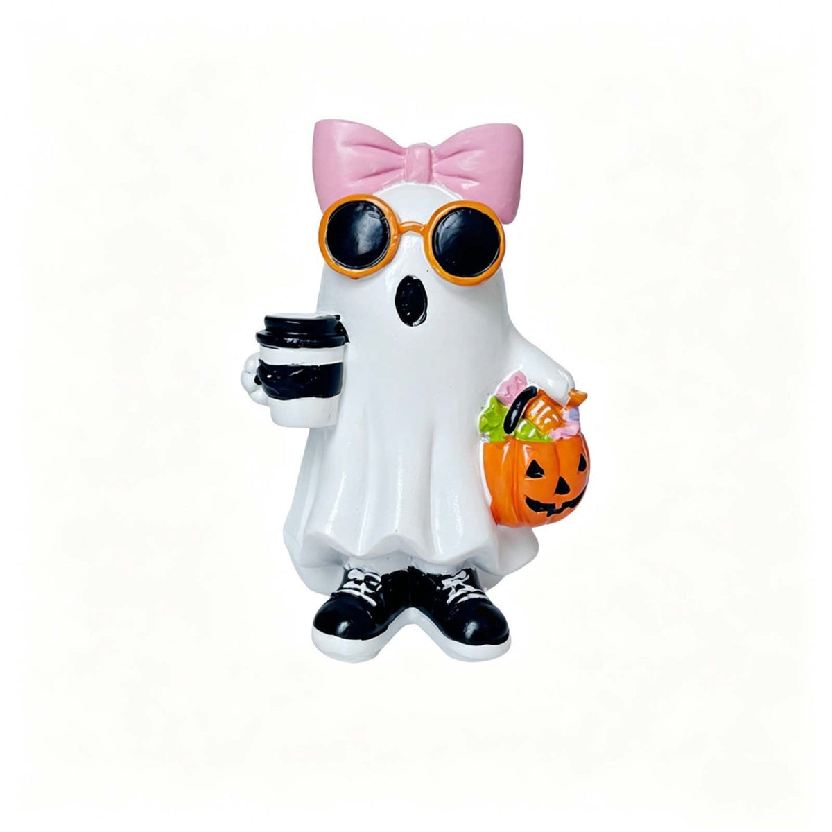 Halloween Ghost Figurine, Ghost Girl with Pink Bow & Hot Drink, Funny Ghost Statue Halloween Decor for Gift, Cute Spooky Tabletop Ornament for Home, Mantle, Desk & Party Decoration
