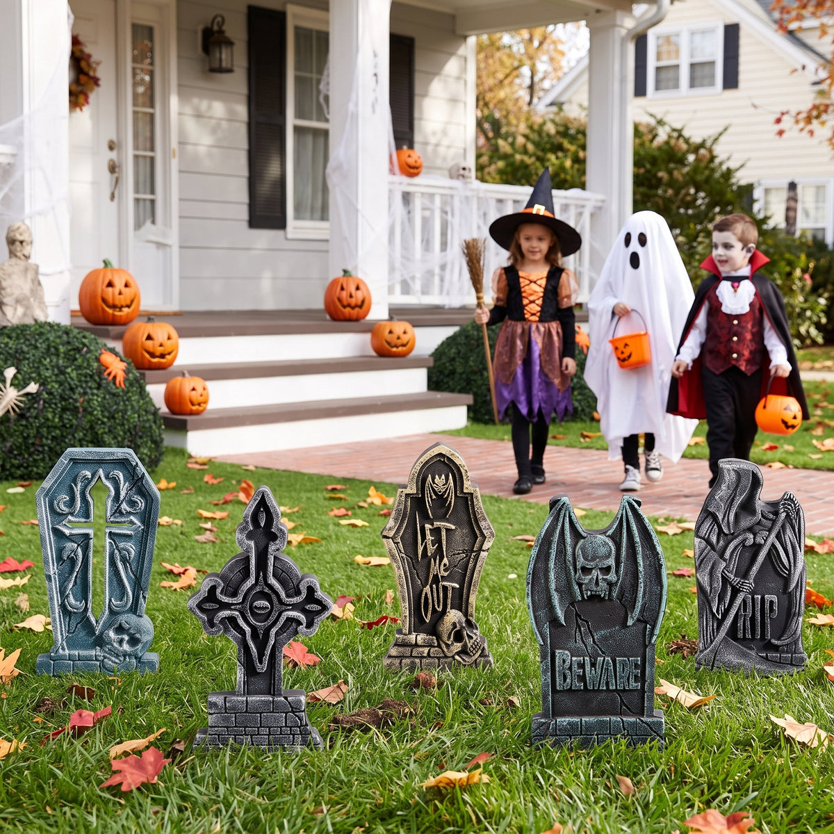 Joyfy 5 Pack Halloween Tombstone Outdoor Decorations,17 Inch Foam RIP Cemetery Headstone Decoration and 12 Halloween Yard Lawn Decoration Metal Stakes