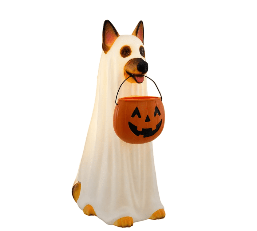 LED German Shepherd Blow Molded Halloween Statue, Light Up Ghost Dog Figure with Pumpkin Candy Bucket, Glowing German Shepherd Halloween Decoration for Outdoor Porch Yard Fall Spooky Season Home