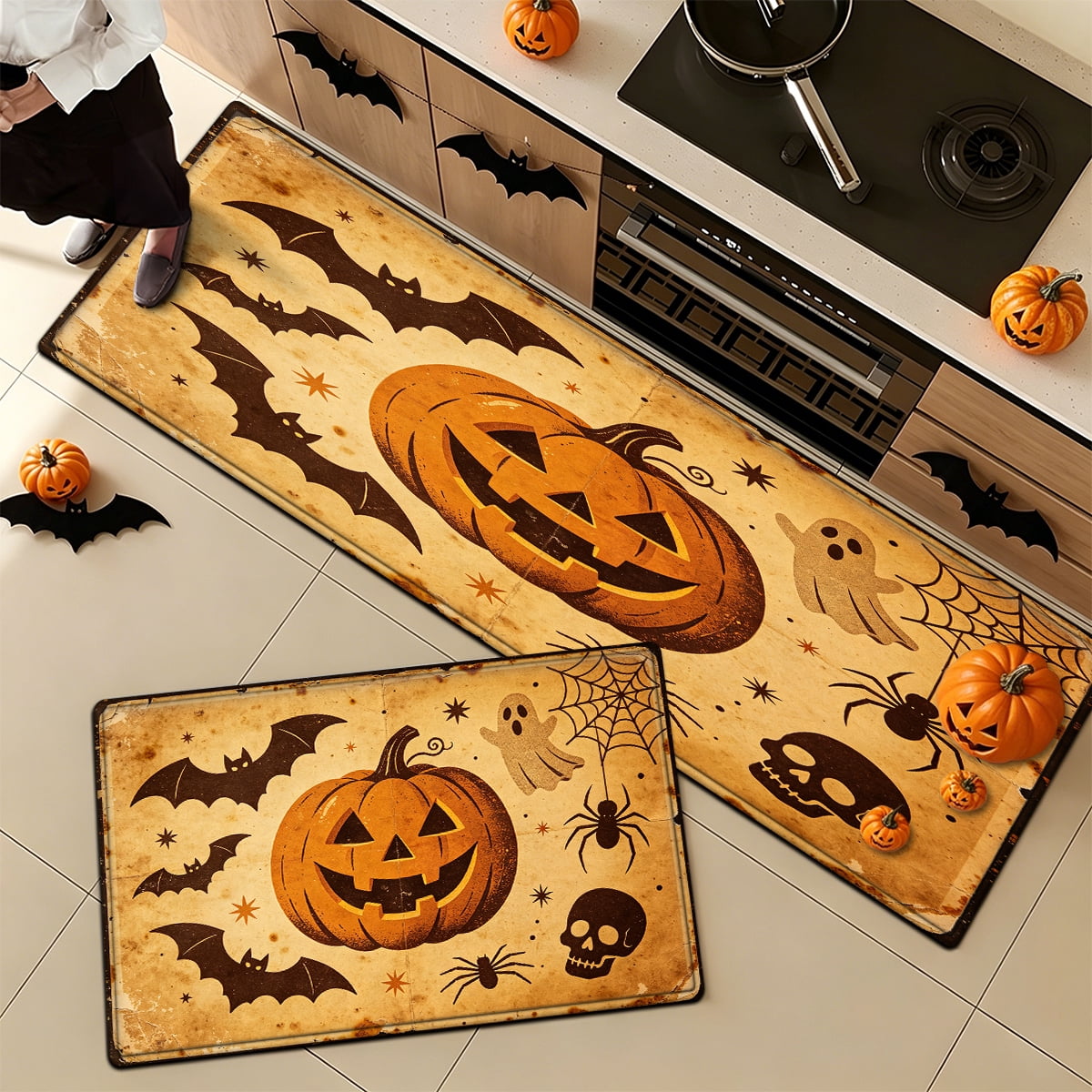 YIMEIS Halloween Pumpkin Lanterns Multi-purpose 1-Piece Flannel Mat and Kitchen Rugs,Soft Non-slip for Home Bedroom Bathroom