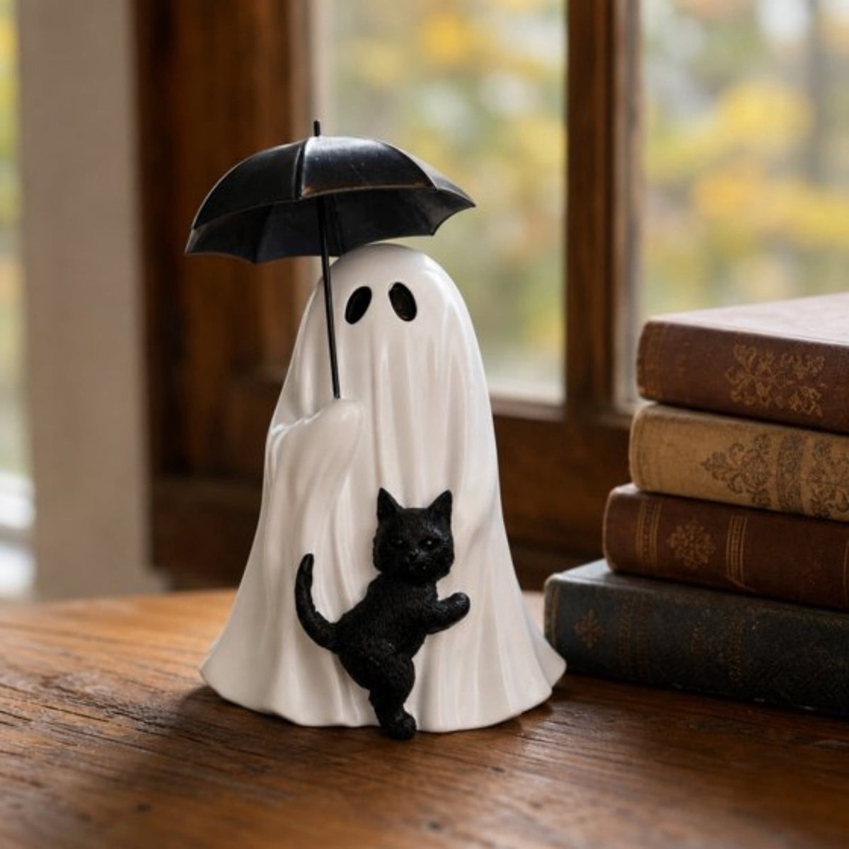Halloween Ghost Figurine, Ghost Girl with Pink Bow & Hot Drink, Funny Ghost Statue Halloween Decor for Gift, Cute Spooky Tabletop Ornament for Home, Mantle, Desk & Party Decoration