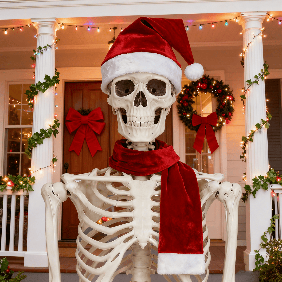 Giant Skeleton Christmas Outfit,12ft Skeleton Christmas Accessories Costume Including Giant Santa Hat,Xmas Banners,Scarf for Garden Lawn Indoor Outdoor Decor
