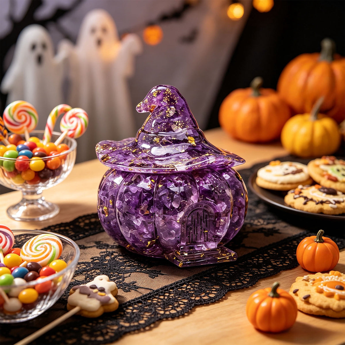 Halloween Pumpkin Candy Bowl with Lid, Decorative Plastic Treat Jar with Crushed Stone Look for Candy Serving and Seasonal Table Display, Reusable Spooky Home Accent, Home Decor, Brown