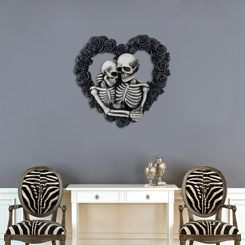 New Fashion Black Gothic Roses Garland Halloween Skeleton Wreath Heart-shaped Lovers Hugging Together Forever Skull For Halloween Decoration
