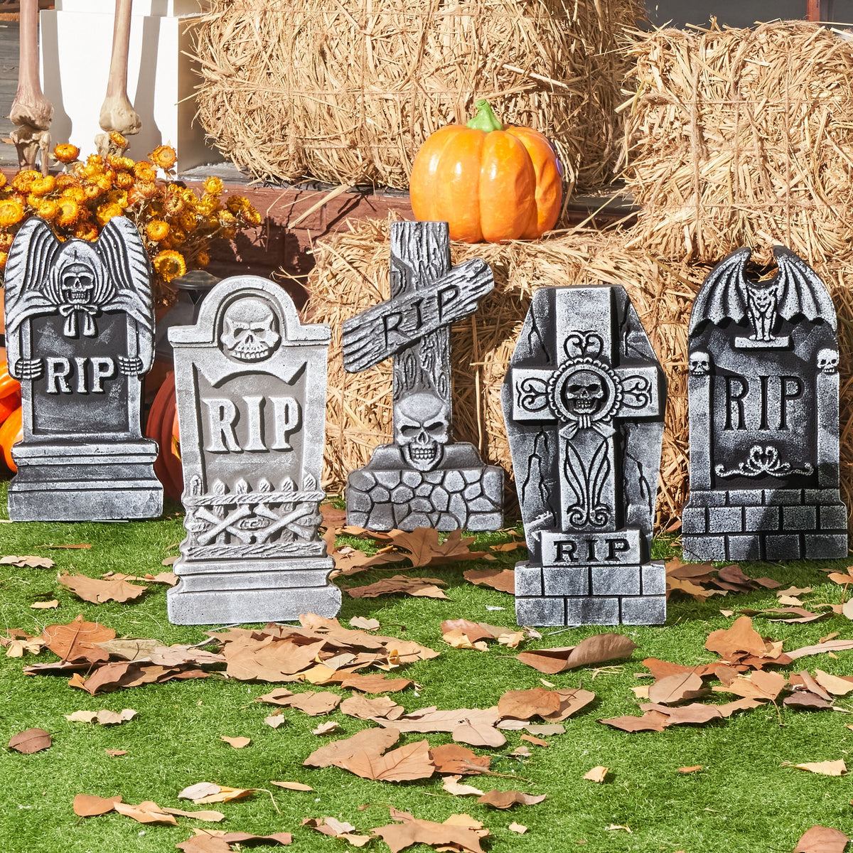 Joyfy 5 Pack Halloween Tombstone Outdoor Decorations,17 Inch Foam RIP Cemetery Headstone Decoration and 12 Halloween Yard Lawn Decoration Metal Stakes