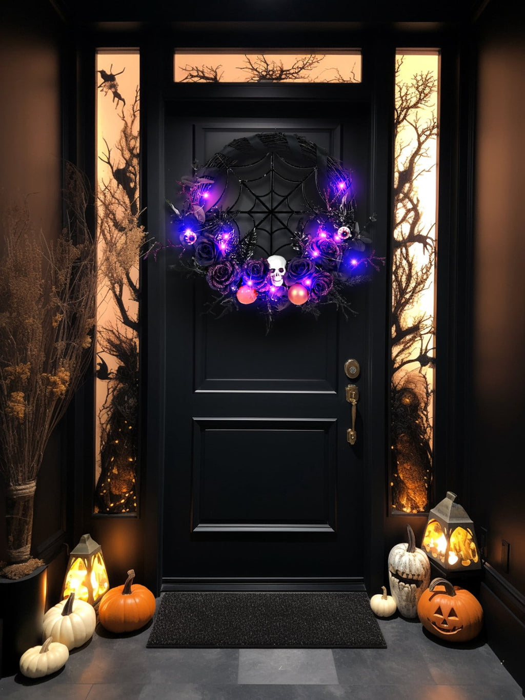 Bobomoti Halloween Wreath with LED Lights, Halloween Wreath with Flowers and Skulls for Front Door, Indoor Outdoor Halloween Home Party Decorations