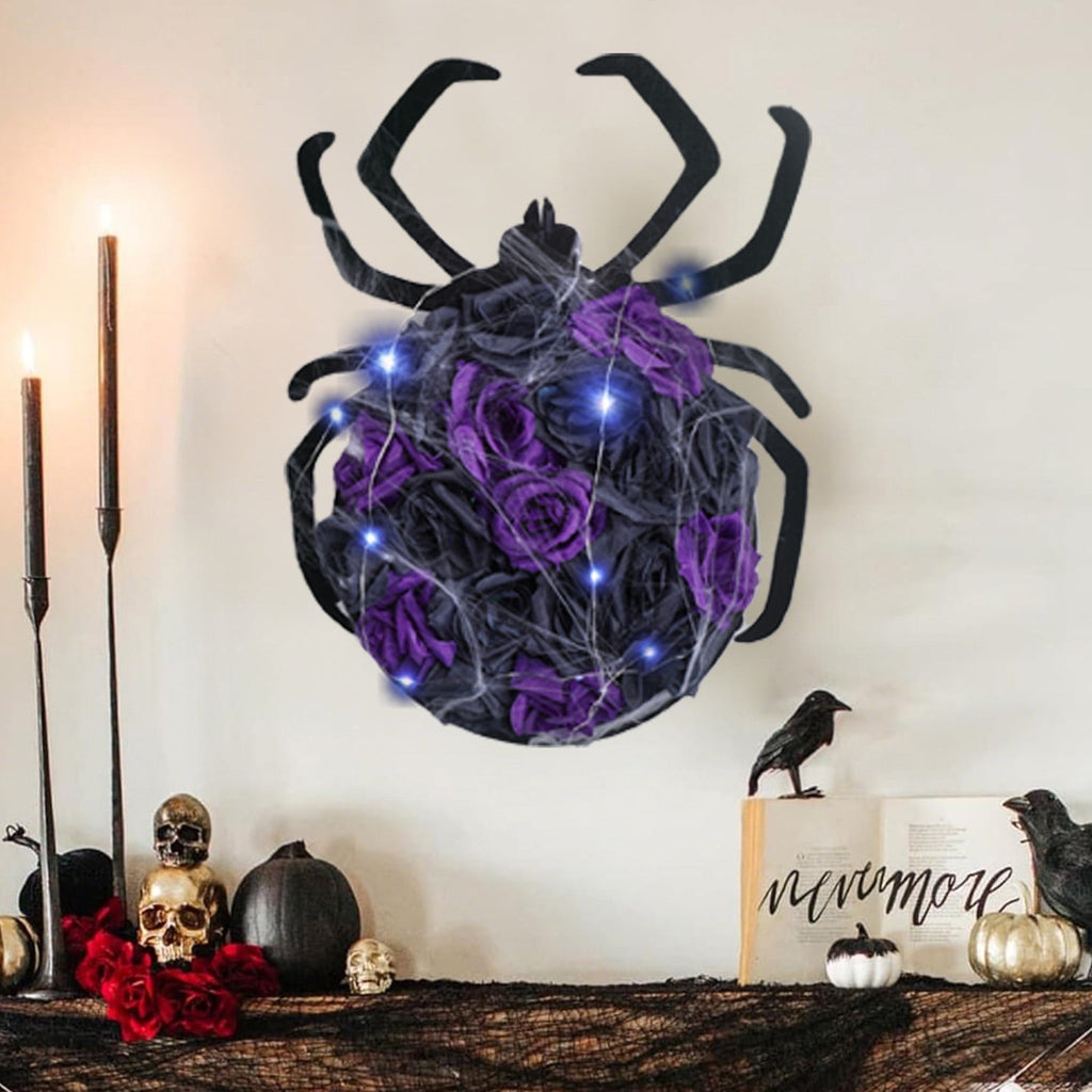 XEAZON Halloween Spider Decorations with Cobweb,Artificial Purple Rose Flower Spider Wreath for Front Door Hanging Decor,Halloween Party Indoor Outdoor Decor Hanger,Halloween Accessories with Lights