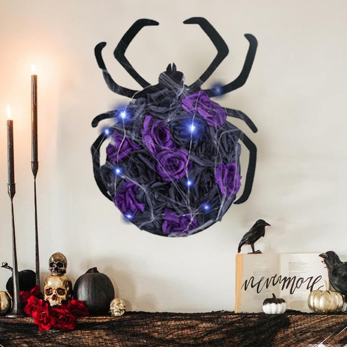 XEAZON Halloween Spider Decorations with Cobweb,Artificial Purple Rose Flower Spider Wreath for Front Door Hanging Decor,Halloween Party Indoor Outdoor Decor Hanger,Halloween Accessories with Lights