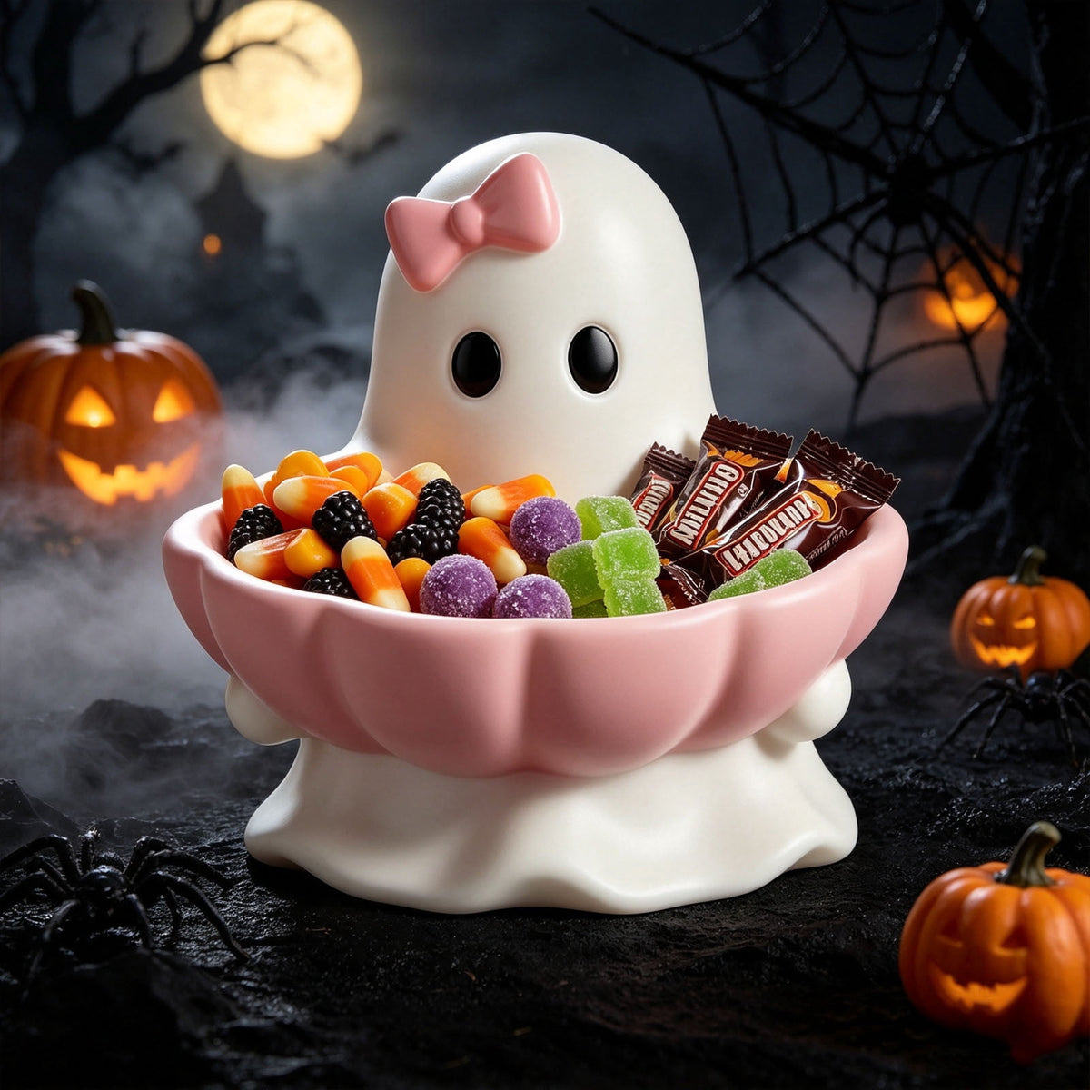 Halloween Decoration Ghost Figurine 11in Resin Ghost Statues with Pumpkin Candy Bowl for Outdoor Indoor Front Door, Porch Yard Lawn Party Decor