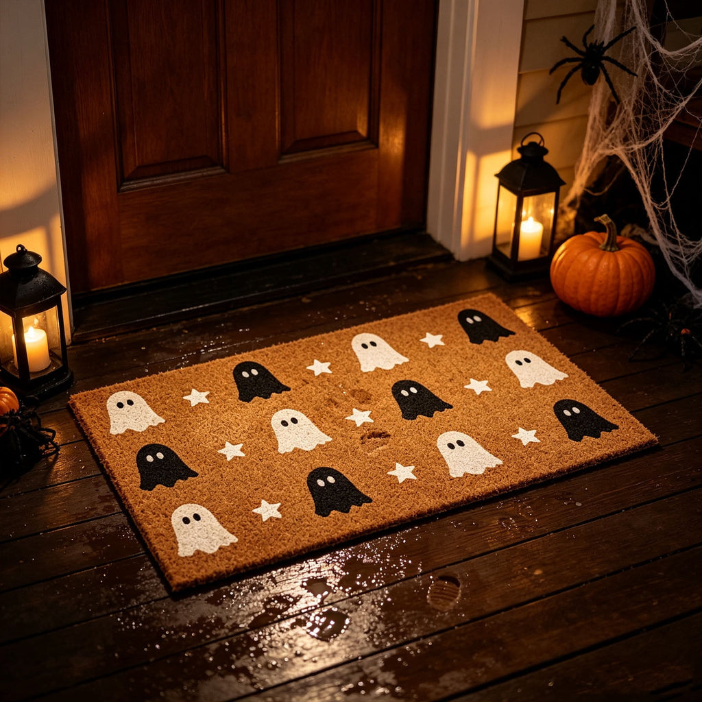 Fllostpr Halloween Pumpkin & Crow Welcome Doormat for Front Door, Non-Slip Vintage Brown Coir Floor Mat for Outdoor Porch Entryway Decor,16x24 Inch