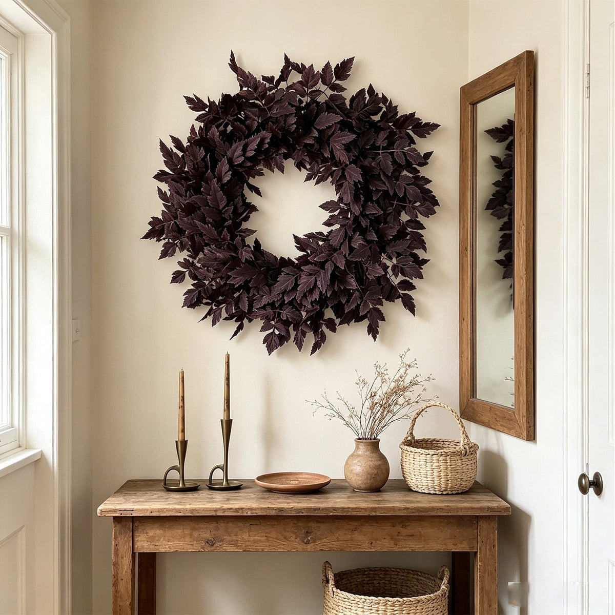 Dark Purple Artificial Cimicifuga Leaf Wreath, Gothic Fall Front Door Wreath, Halloween Dark Foliage Wreath, for Porch Wall Decor
