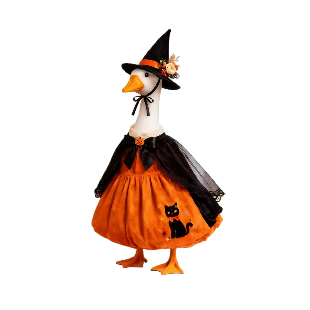 Halloween Ghost Porch Goose Outfit Fits 23 Inch Cement Lawn Goose Statue Pumpkin Face Ghost Costume with Matching Witch Hat for Fall Outdoor Garden Yard Patio Holiday Decor