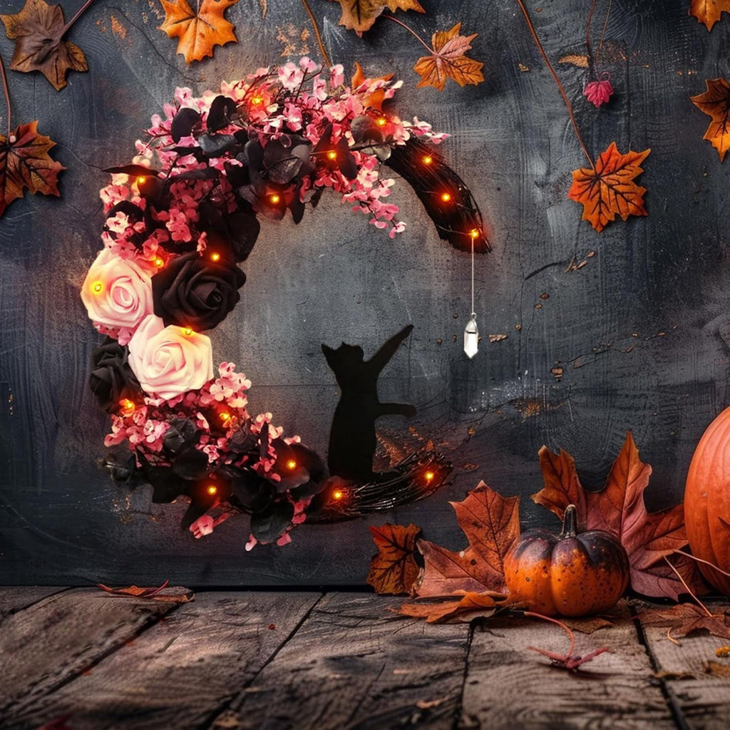 Halloween Wreaths For Front Door, Flower Moon Cat Halloween Home Decoration, Halloween Family Gathering Decoration Wreath，Outdoor, Wall, Closet, Fence, Wreath Halloween (Pink roses)