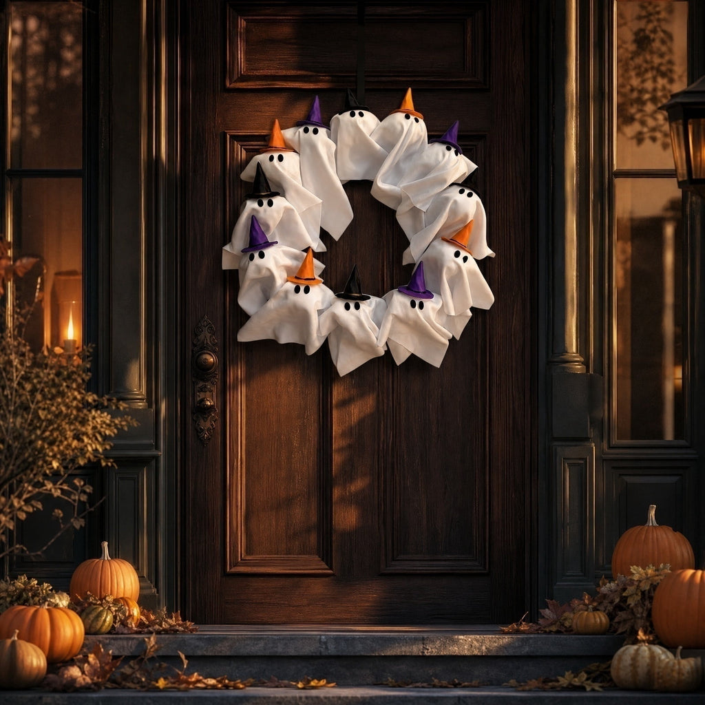 Light Up Ghost Wreath with Witch Hats, 15.7" Halloween Fabric Ghost Front Door Wreath, LED Glowing Spooky Ghost Hanging Wreath for Porch Wall Indoor Party Decorations