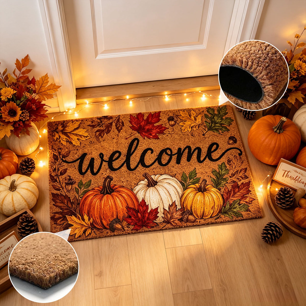 Fall Welcome Coir Door Mat, Fall Harvest Pumpkin Front Door Outdoor Doormat Entrance Porch Non Slip Rubber Rug for Halloween Decor Brown
