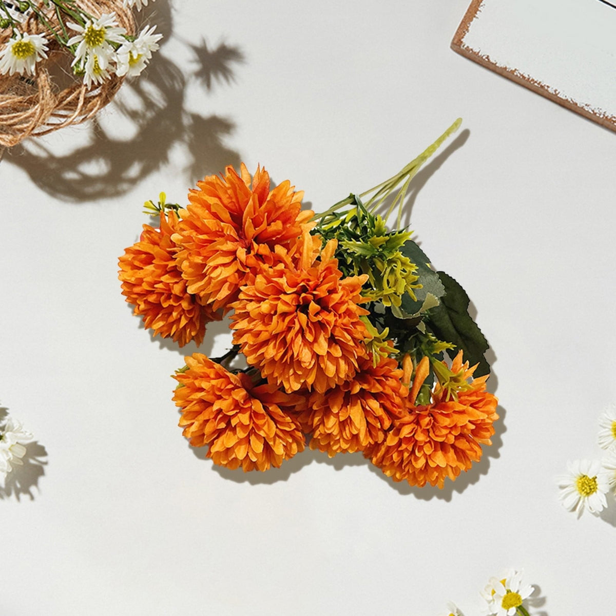 1Pack Faux Fall Mums for Outside Artificial Mums Outdoor Clearance Chrysanthemum Bush Silk - Orange Fall Decorations for Home Fall Wedding Flowers