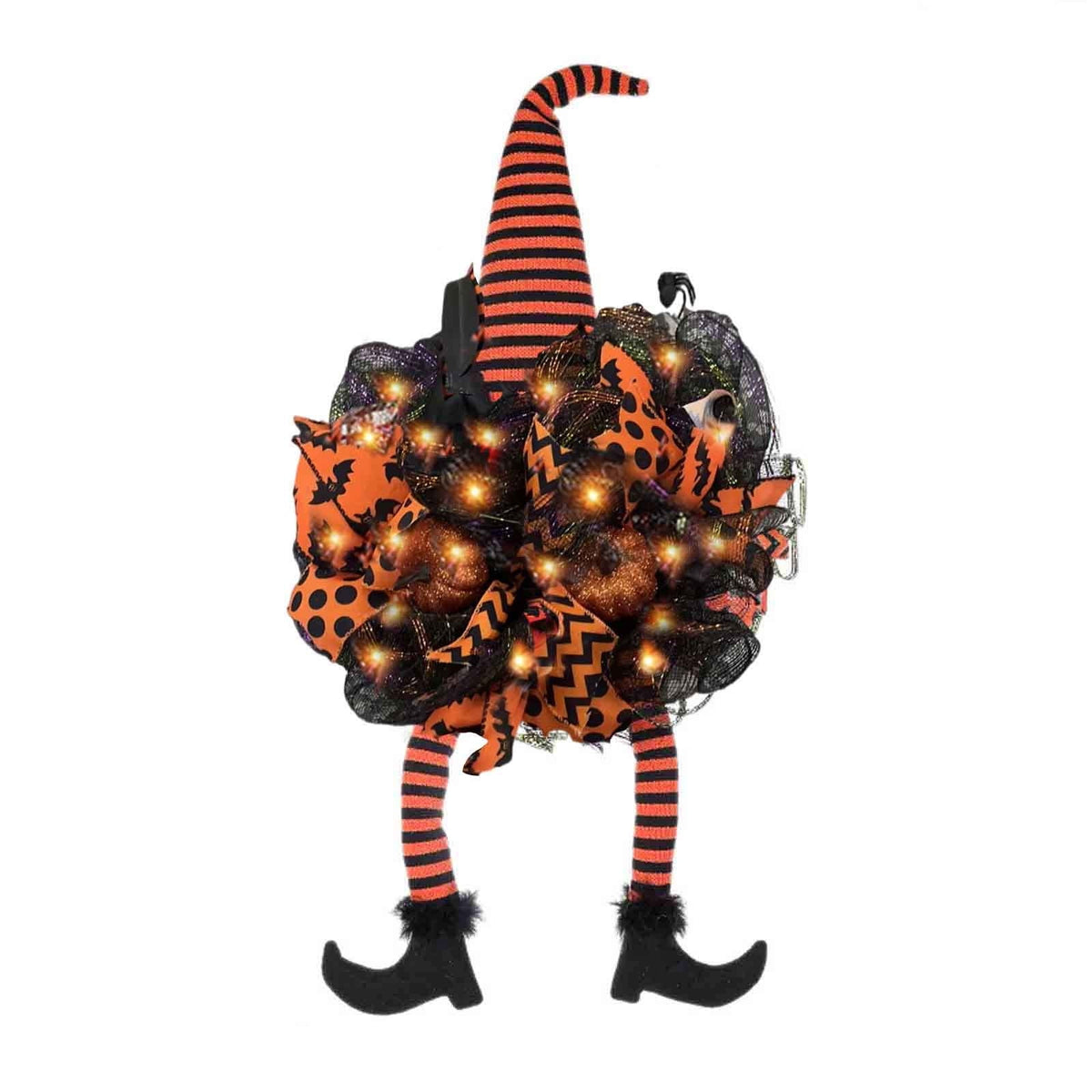 Pre-Lit Halloween Witch Wreath with Fairy Lights, Hanging Decor for Front Door, Porch, or Wall