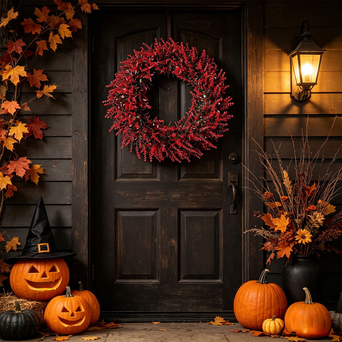 18 Inch Fall Wreath for Front Door, Artificial Red Wheat Wreath with Berries and Leaves, Thanksgiving Halloween Decor for Porch Wall Mantel