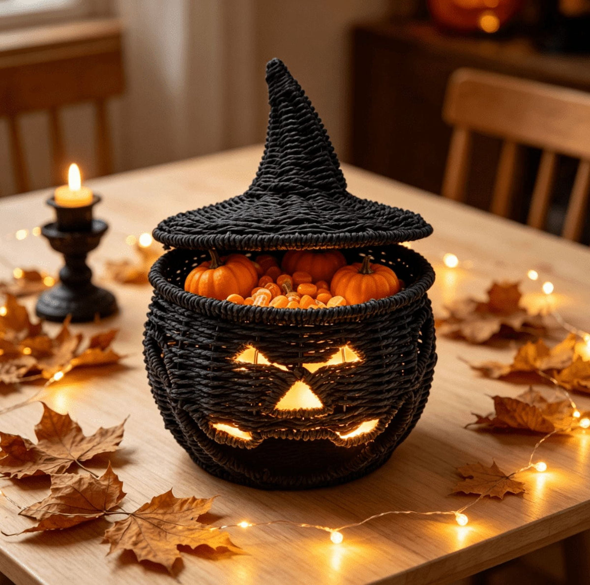 THOPBPRK 2026 Black Halloween Woven Pumpkin Jack-O'-Lantern, Halloween Decorations Pumpkin, USE LED Candle, Rattan Fall Halloween Decor for Home, 1Pack 11.8 Inch A