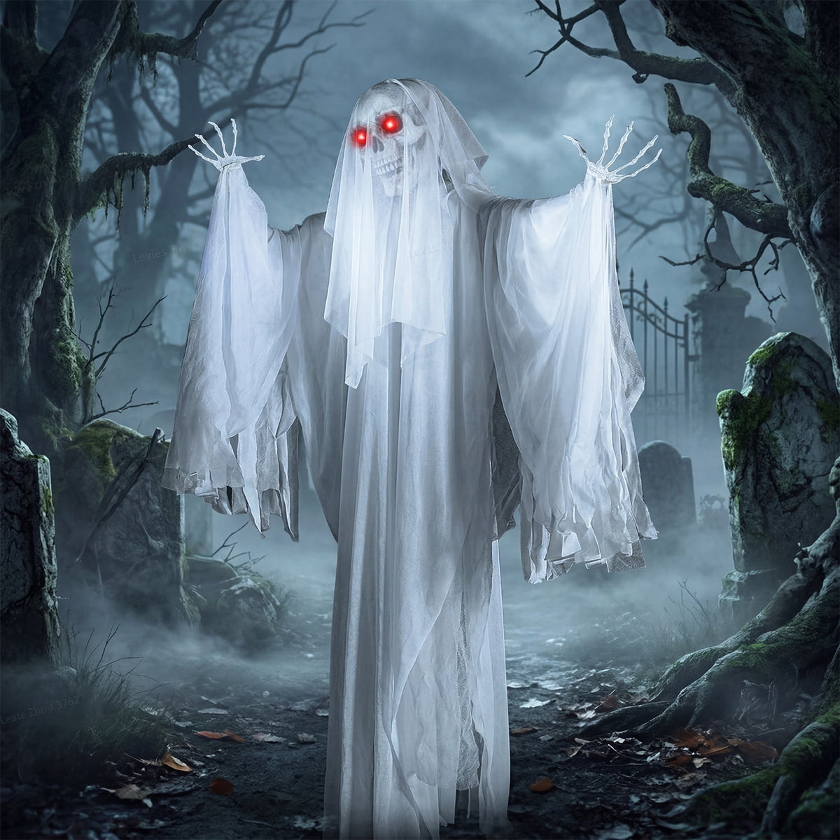 Joyfy Halloween Decorations Outdoor, 72"(6ft) Light Up Animated Scary Decorations Pumpkin Ghost with Sound Activation,Animatronics Pumpkin Decorations for Haunted House Prop Yard Decor